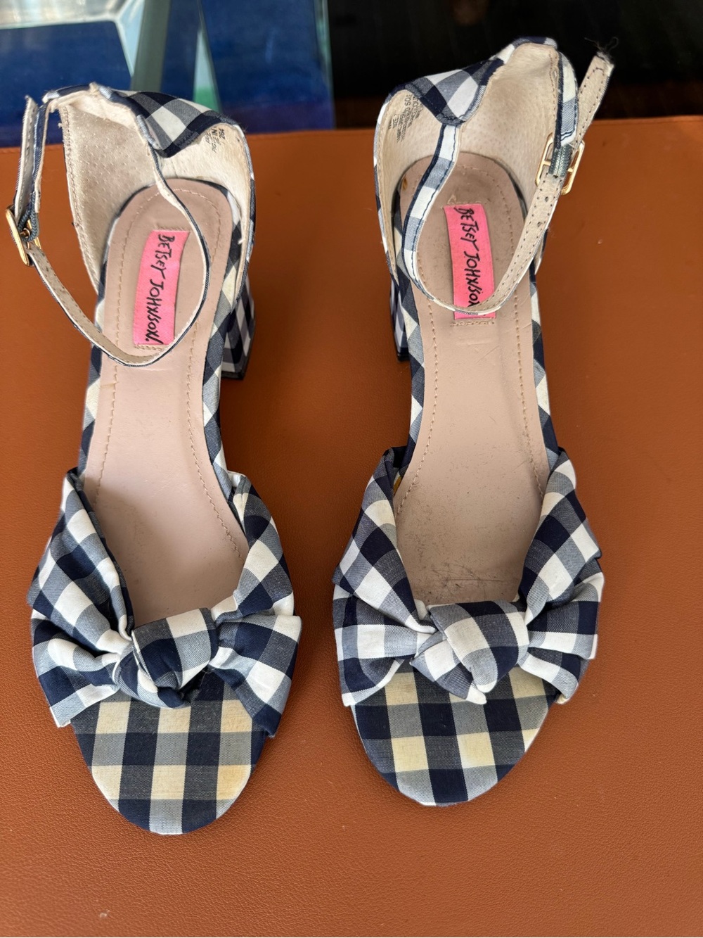 Betsey Johnson Navy and White Gingham Bow Ankle-Strap Heels